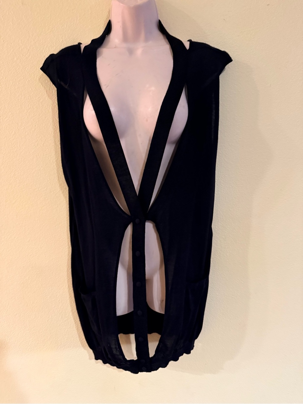 Balenciaga Knit Black Deep V Open-Front Sleeveless Top Vest snap buttons